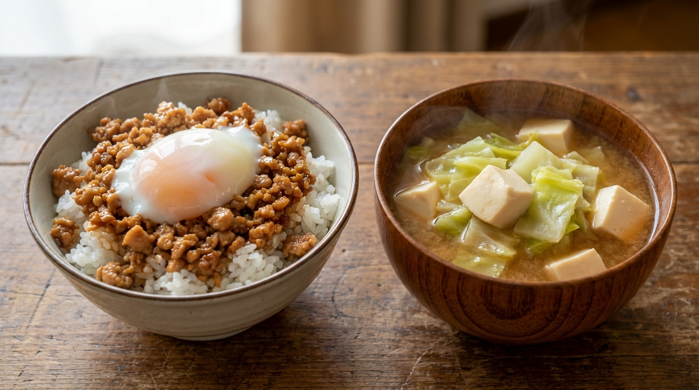 鶏ひき肉のオイスターのっけごはんと、豆腐とキャベツの具だくさんみそ汁