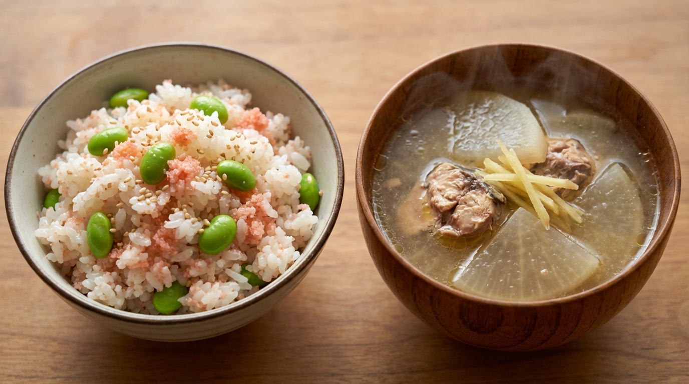 たらこと枝豆の彩り白ごま混ぜごはんと、さば缶と大根のしょうがスープ