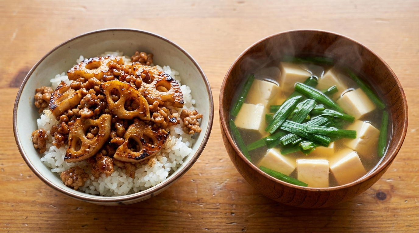 焼きれんこんと豚そぼろの甘辛のっけごはんと、豆腐とにらのすまし汁