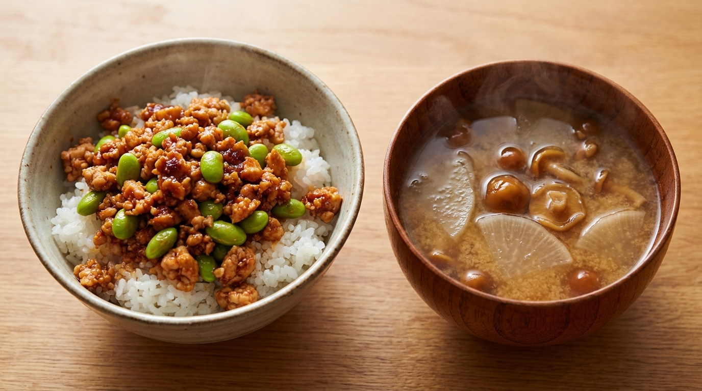 鶏ひき肉と枝豆の旨辛コチュジャンごはんと、大根となめこの具だくさんみそ汁