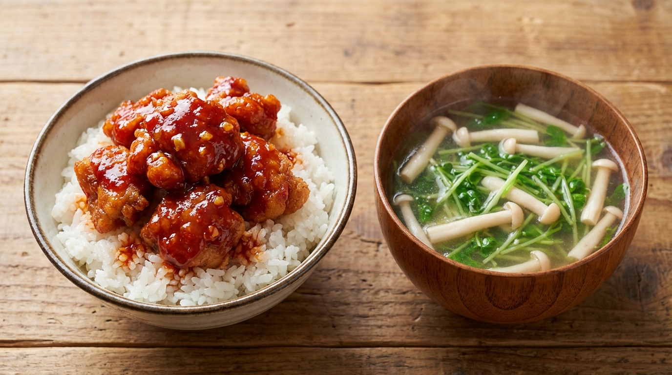 冷凍唐揚げの旨辛コチュジャンだれのっけごはんと、豆苗とえのきの鶏がらスープ