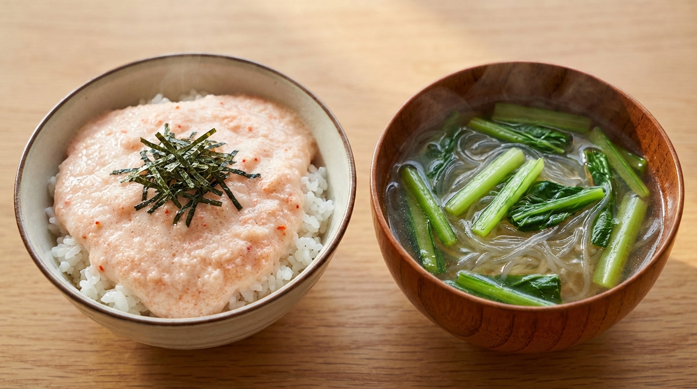 長いもと明太子のふわとろのっけごはんと、春雨と小松菜の中華風スープ