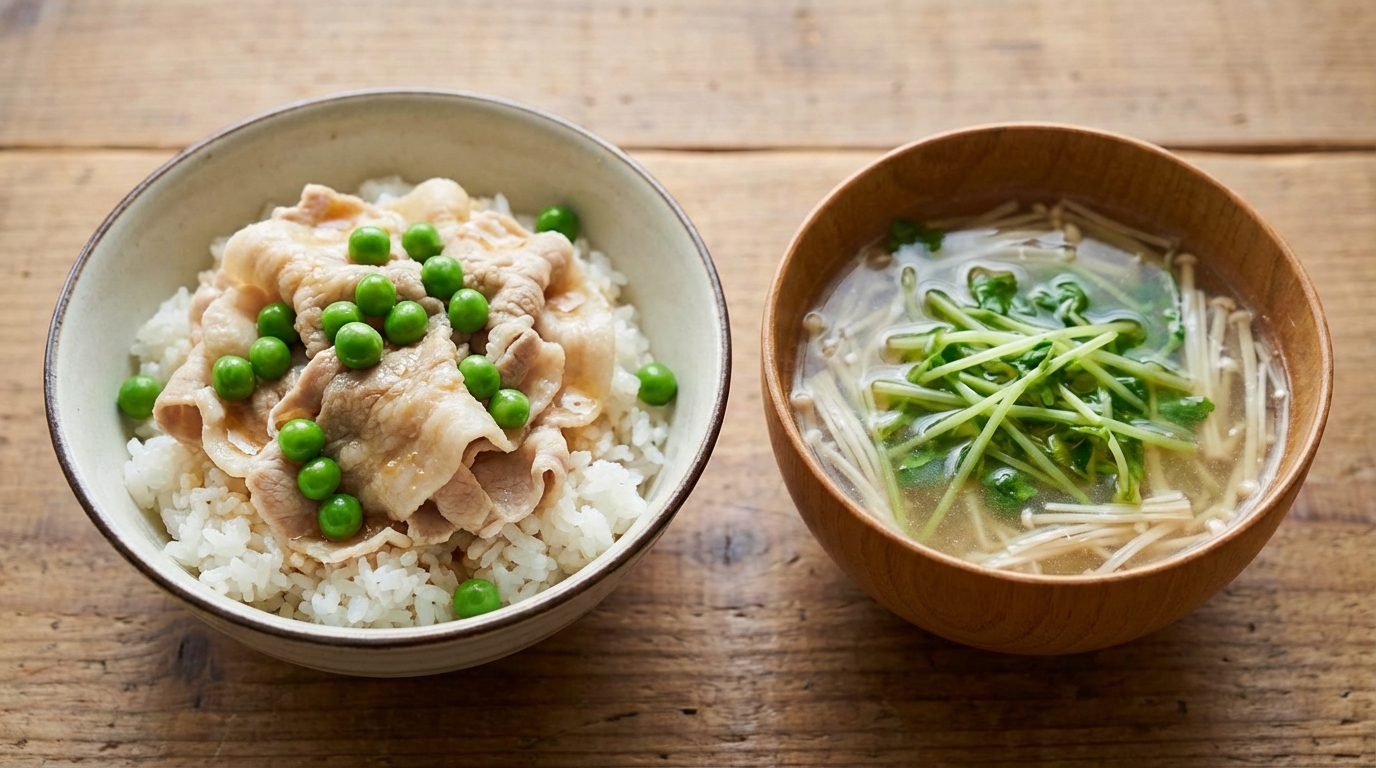 グリーンピースと豚しゃぶのポン酢のっけごはんと、豆苗とえのきの鶏だしスープ