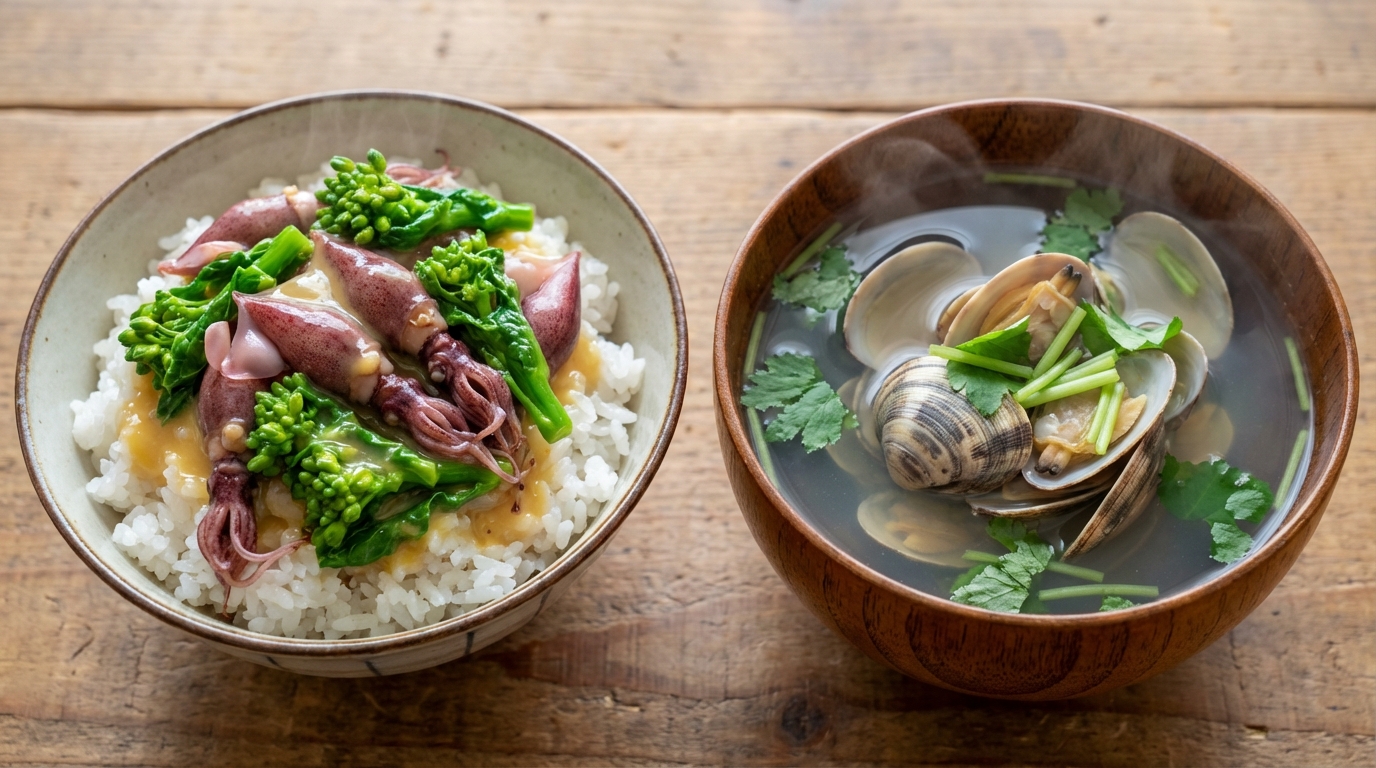 辛子酢味噌で春を味わう ホタルイカと菜の花のっけごはんと、あさりとみつばのすまし汁