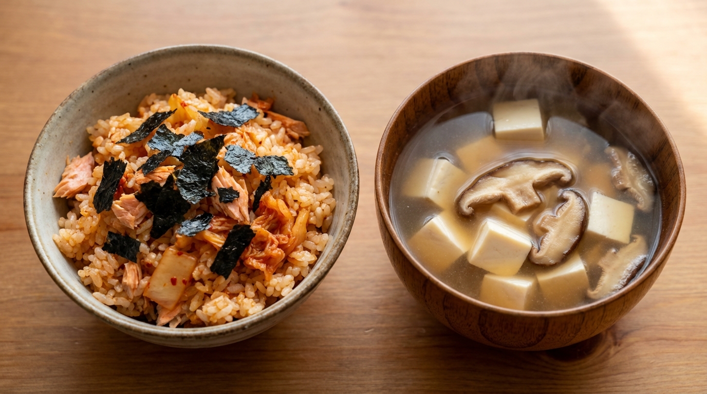 鮭キムチの旨辛混ぜごはんと、豆腐と干ししいたけの滋味スープ