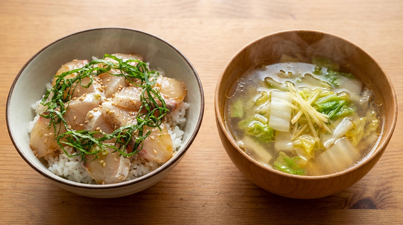 ひらめの青じそわさびじょうゆのっけごはんと、白菜としょうがの滋味深い中華スープ
