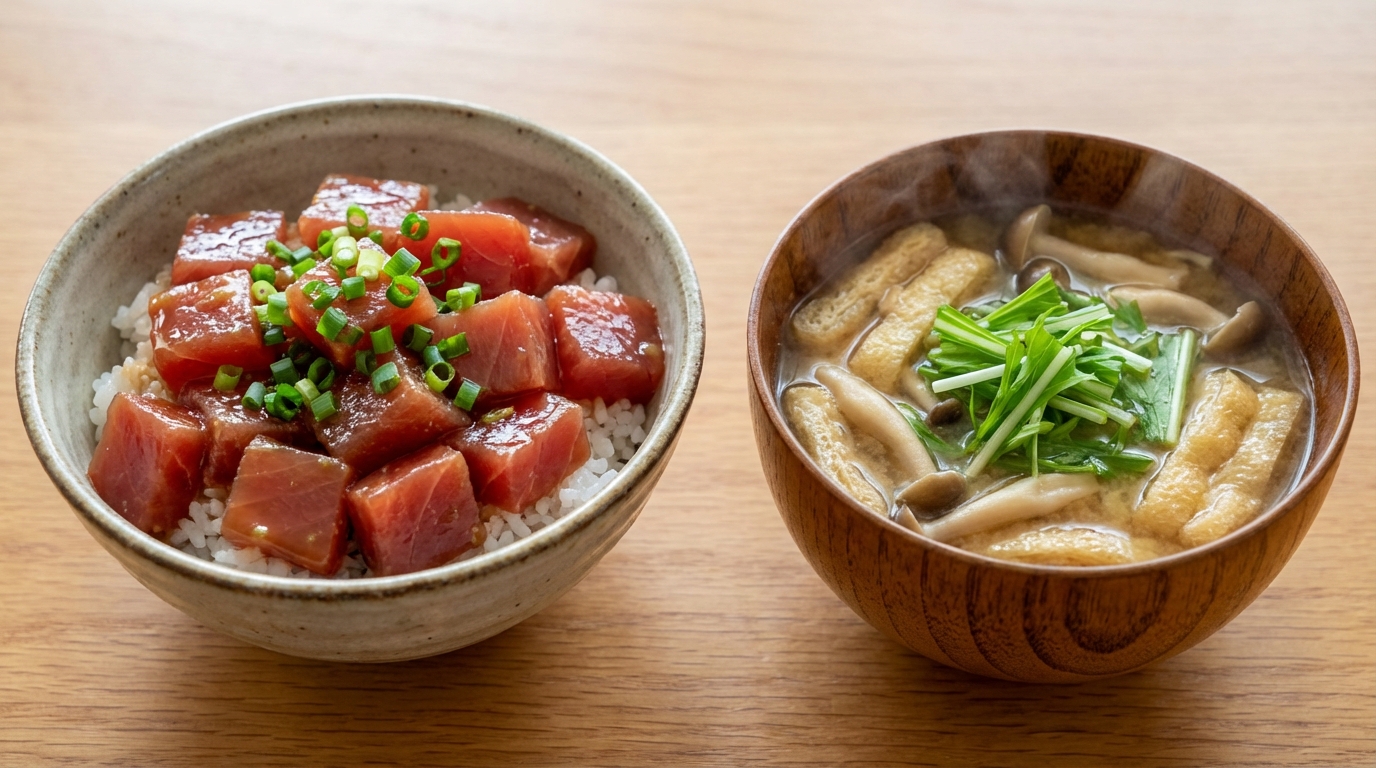 まぐろのわさびじょうゆのっけごはんと、油揚げとしめじの具だくさんみそ汁