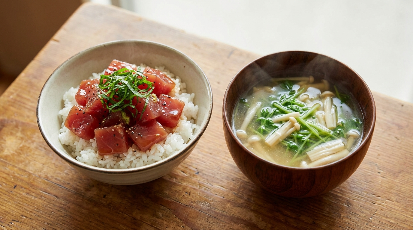 まぐろの黒こしょうわさびじょうゆのっけごはんと、豆苗とえのきの塩麹スープ