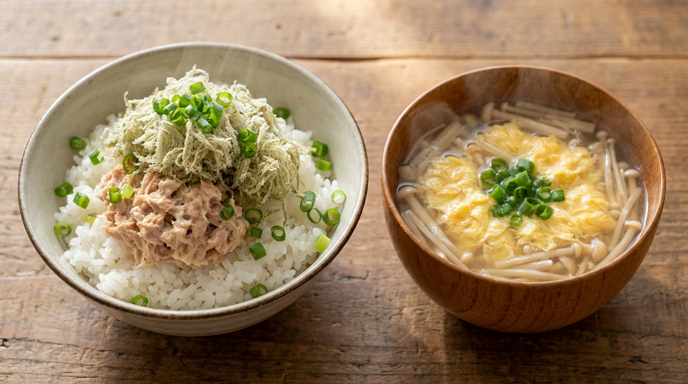 ツナゆずこしょうマヨのっけごはんと、えのきのかき玉汁