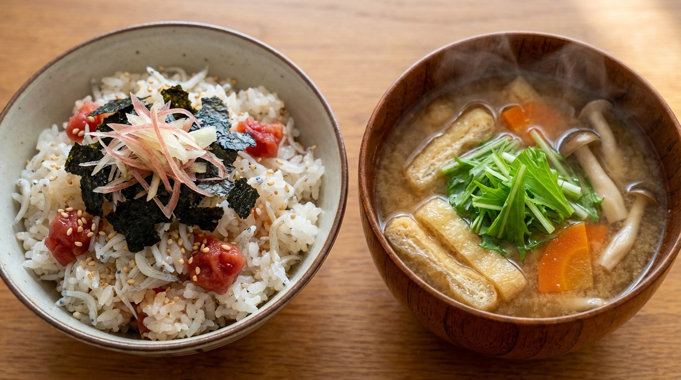 しらすと梅の香り混ぜごはんと、油揚げとにんじんの具だくさんみそ汁