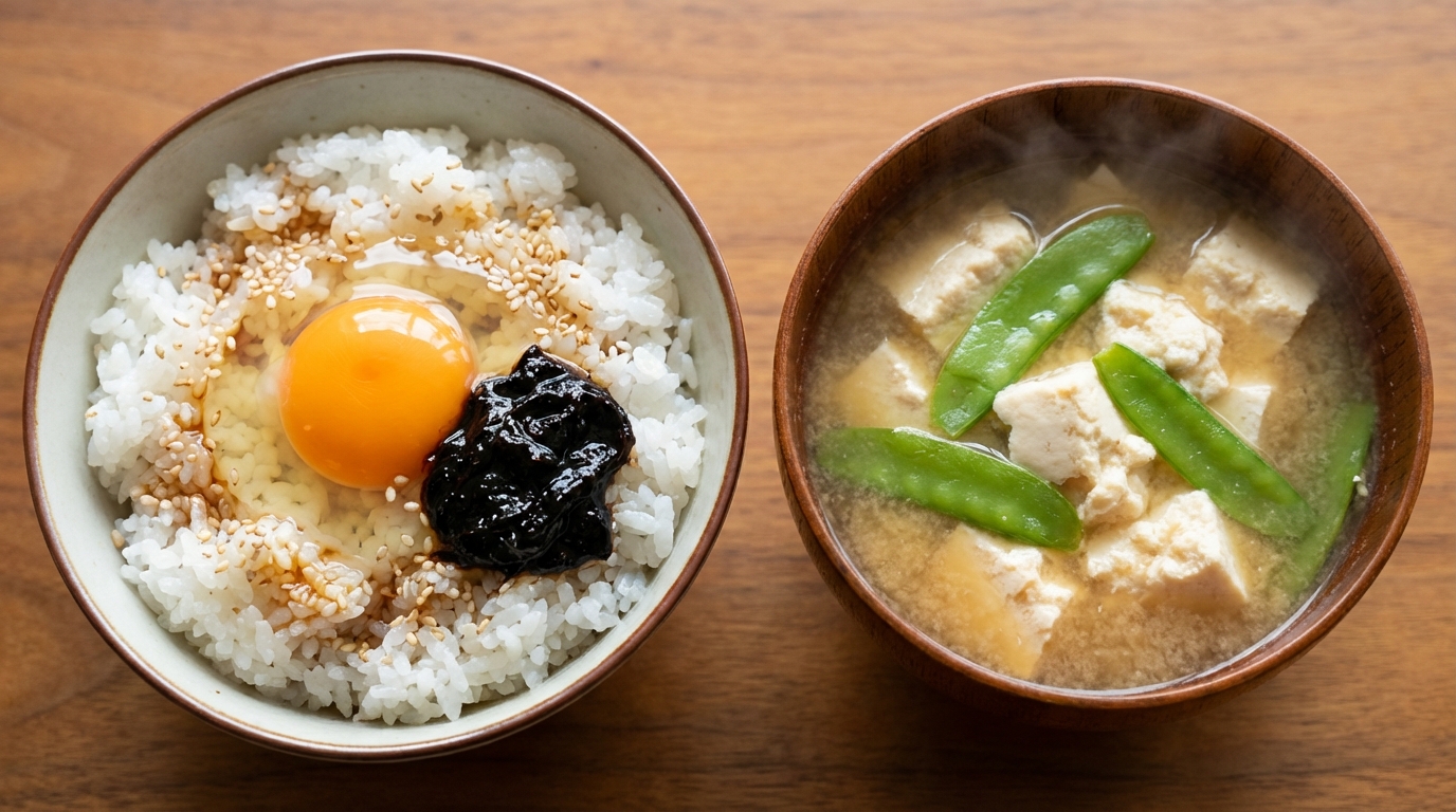 海苔佃煮と白ごまの卵かけごはんと、ちぎり豆腐と絹さやのみそ汁