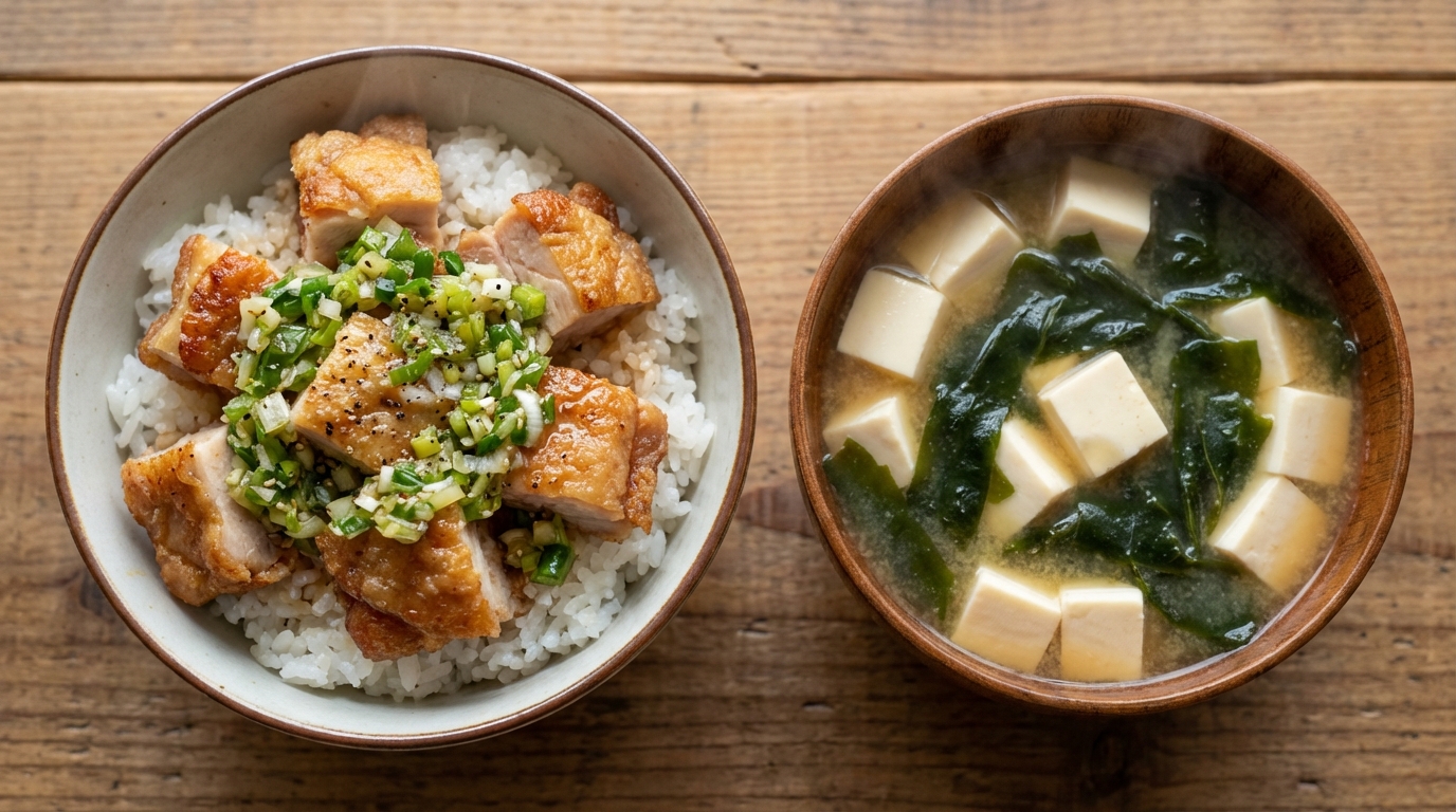 冷凍唐揚げのねぎ塩のっけごはんと、豆腐とわかめの具だくさんみそ汁