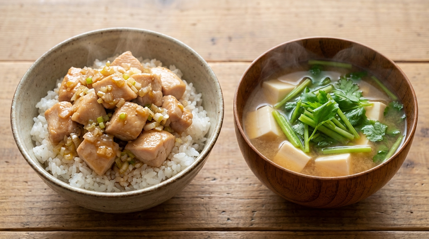 しっとり鶏むね肉のねぎ塩のっけごはんと、豆腐とせりの香り豊かなみそ汁