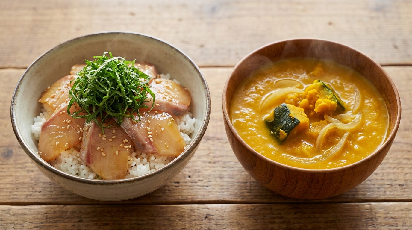 [朝ごはん] たいの青じそわさびじょうゆのっけごはんと、かぼちゃの濃厚ポタージュ