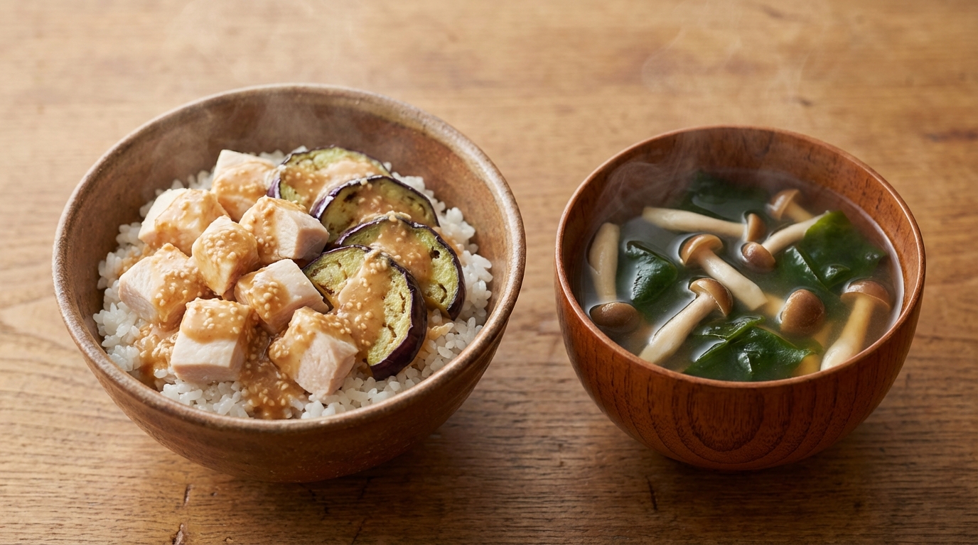 蒸し鶏と焼きなすのごまだれのっけごはんと、しめじとわかめのすまし汁