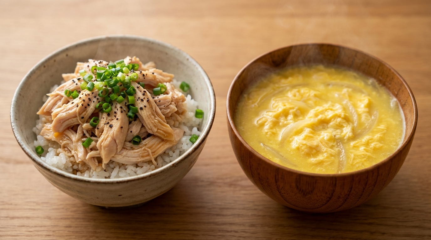 鶏ささみの黒こしょう生姜じょうゆのっけごはんと、卵とクリームコーンの濃厚スープ