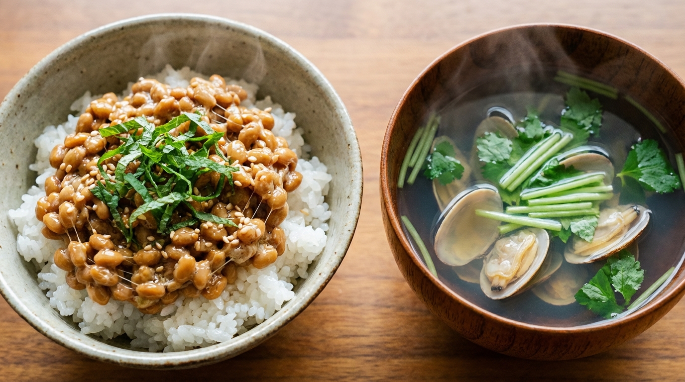 香味青じそ納豆のっけごはんと、あさりとみつばのすまし汁