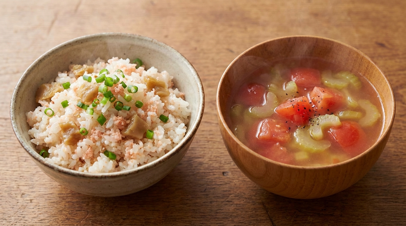 たらことザーサイの食感混ぜごはんと、トマトとセロリの爽やかレモンスープ