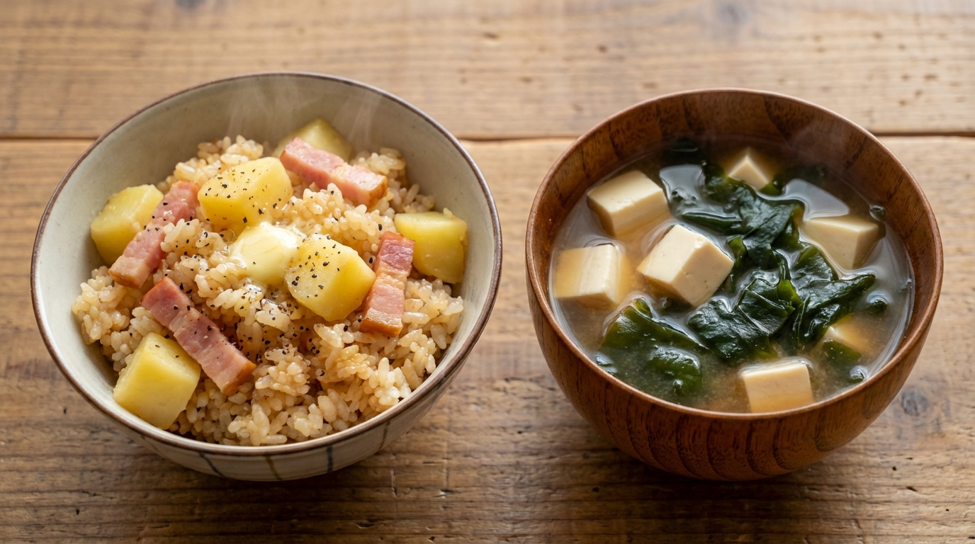 じゃがいもとベーコンのバターしょうゆ混ぜごはんと、豆腐とわかめのみそ汁