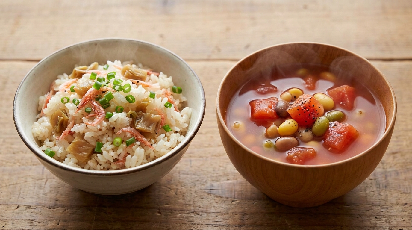 桜えびとザーサイの香ばし混ぜごはんと、豆とトマトの和風ミネストローネ