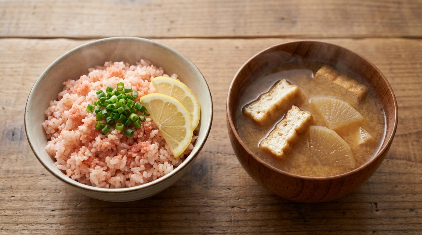 たらことレモンのさっぱり混ぜごはんと、厚揚げと大根のボリュームみそ汁