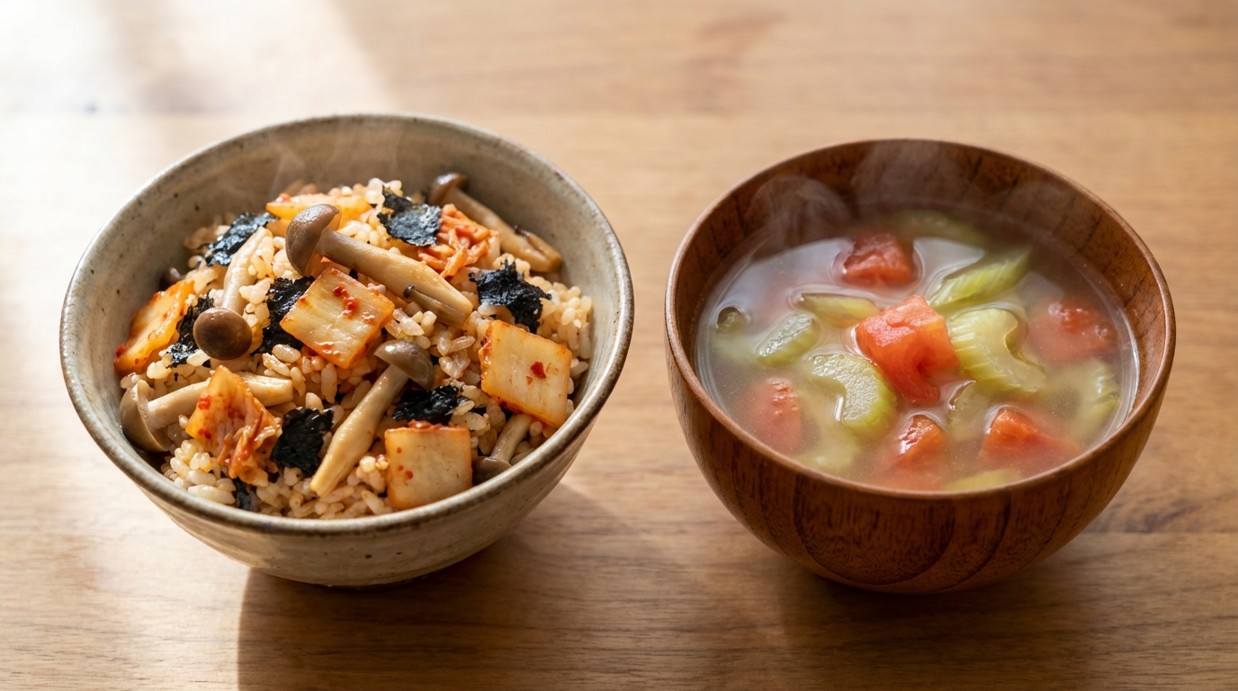 きのこキムチの旨辛混ぜごはんと、トマトとセロリの爽やかレモンスープ