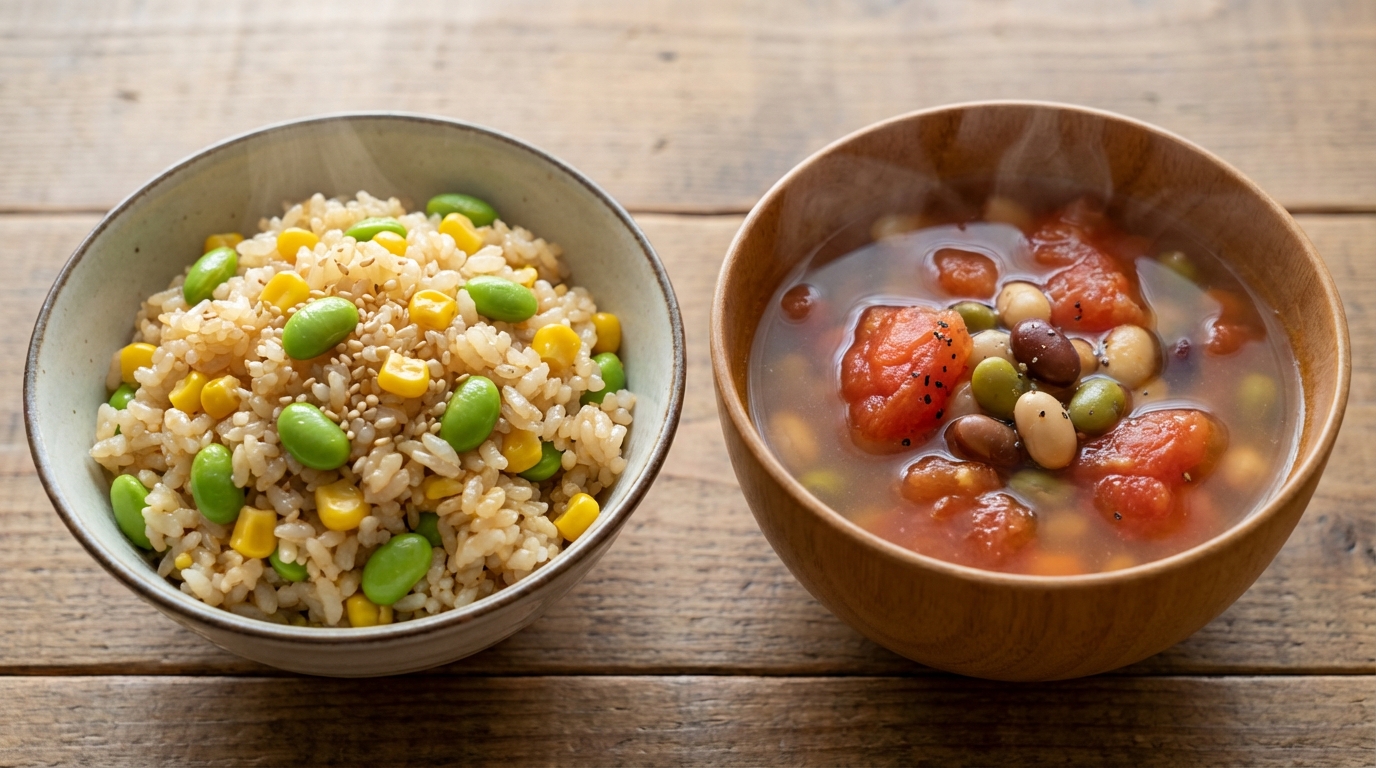 枝豆とコーンの香ばし混ぜごはんと、トマトと豆の和風ミネストローネ