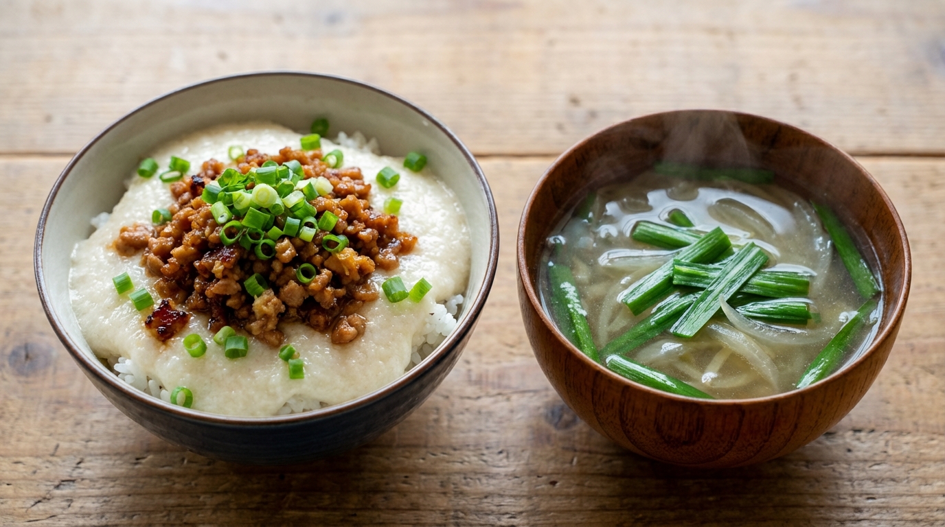 鶏そぼろしょうがとろろのっけごはんとにらと玉ねぎのスープ