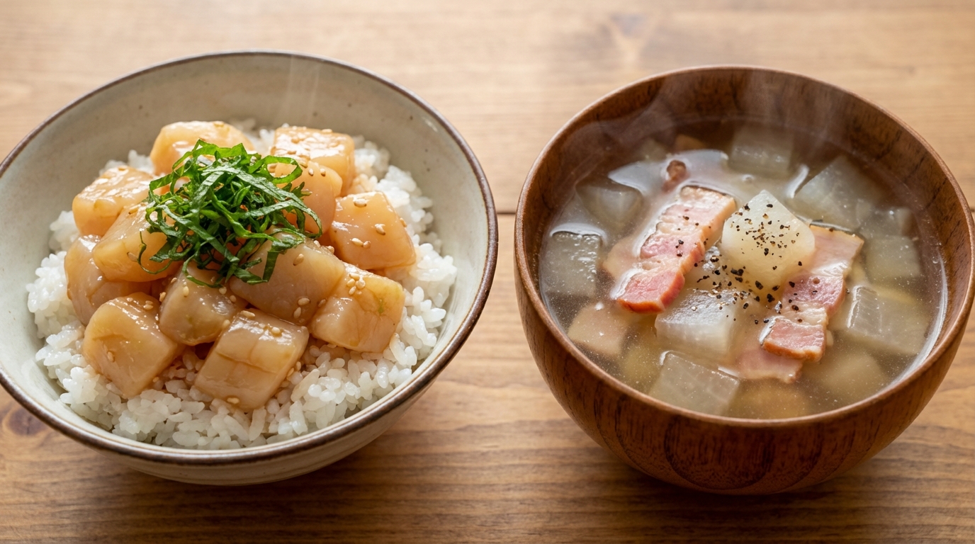 ほたての青じそわさびじょうゆのっけごはんと、大根とベーコンのコンソメスープ