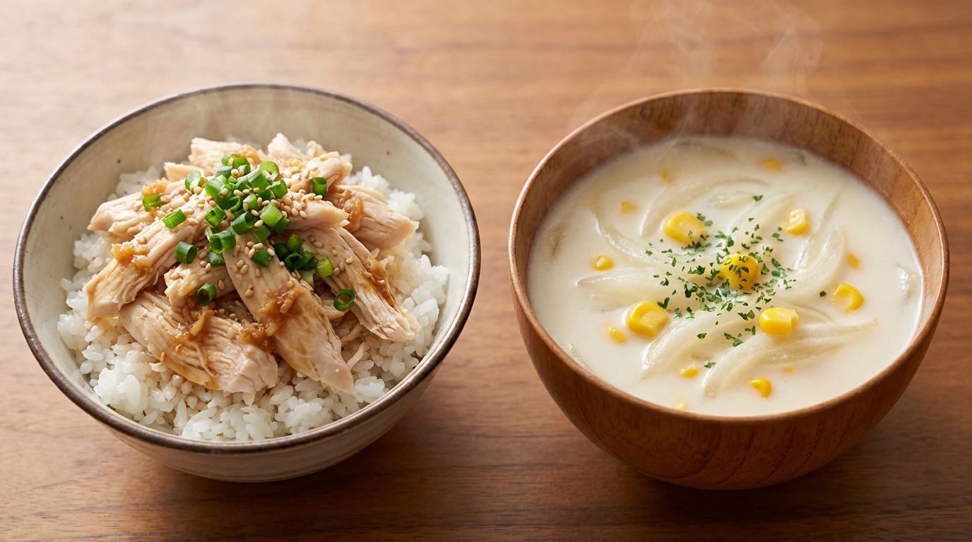 鶏ささみの生姜じょうゆのっけごはんと、コーンと玉ねぎのミルクスープ