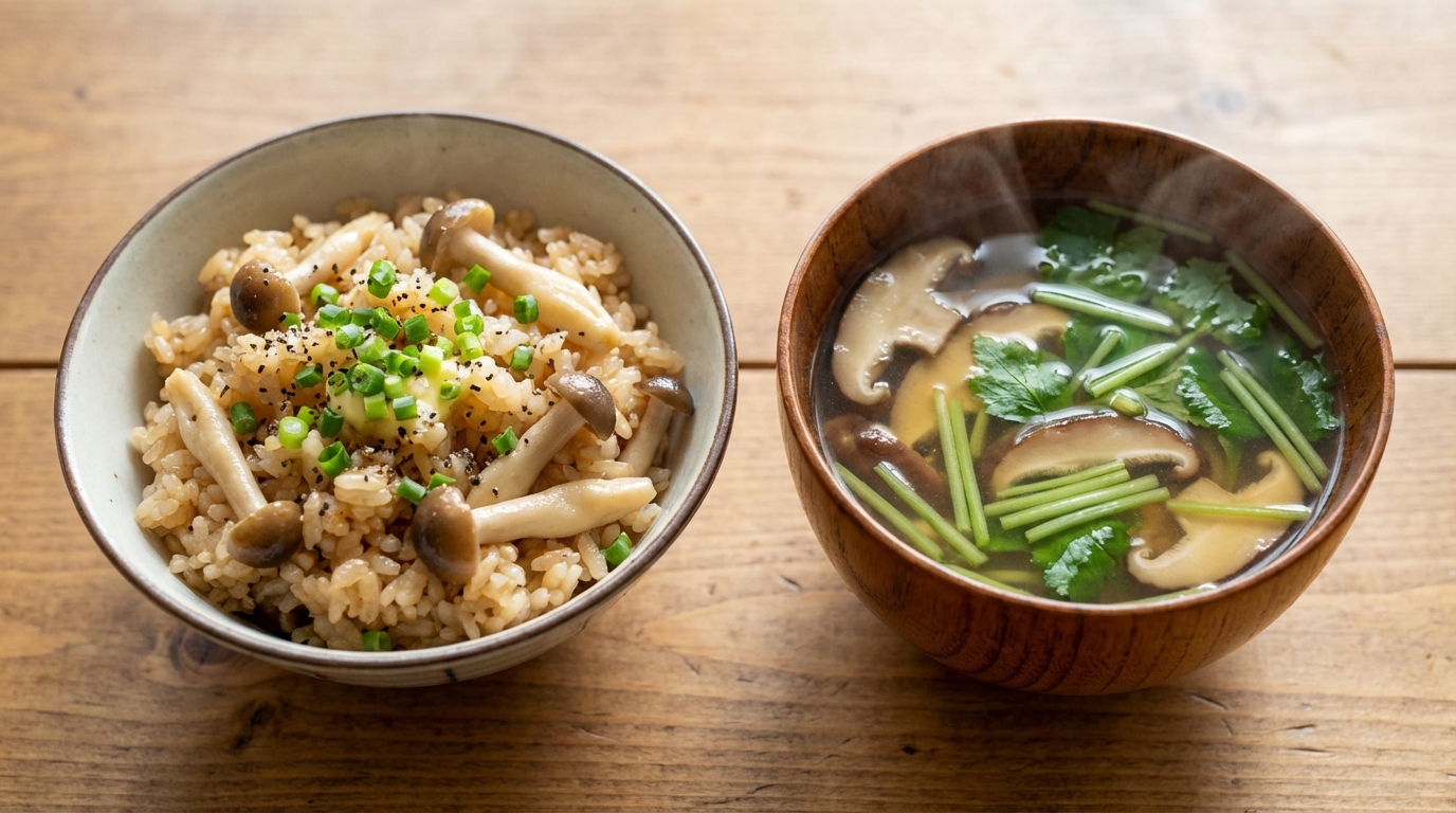しめじバターの香ばし混ぜごはんと、しいたけとみつばのすまし汁