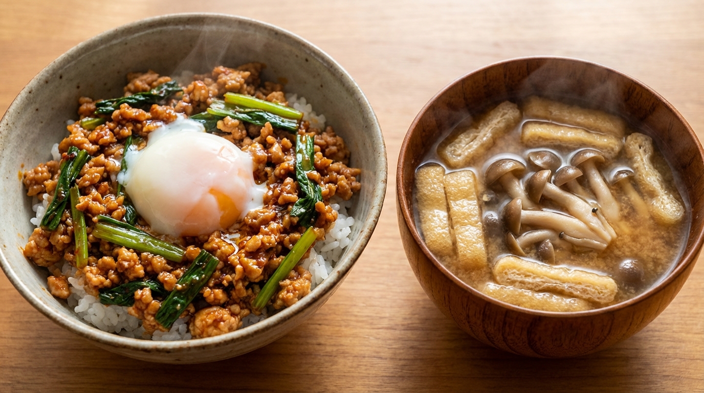 鶏ひき肉と小松菜の旨辛コチュジャンごはんと、油揚げとしめじの具だくさんみそ汁