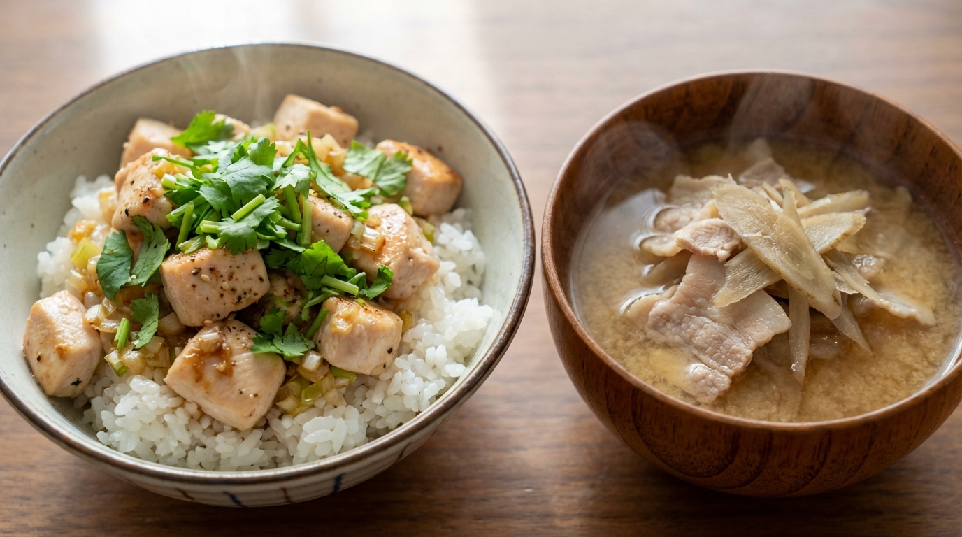 鶏むね肉のねぎ塩パクチーのっけごはんと、豚バラとごぼうの具だくさんみそ汁