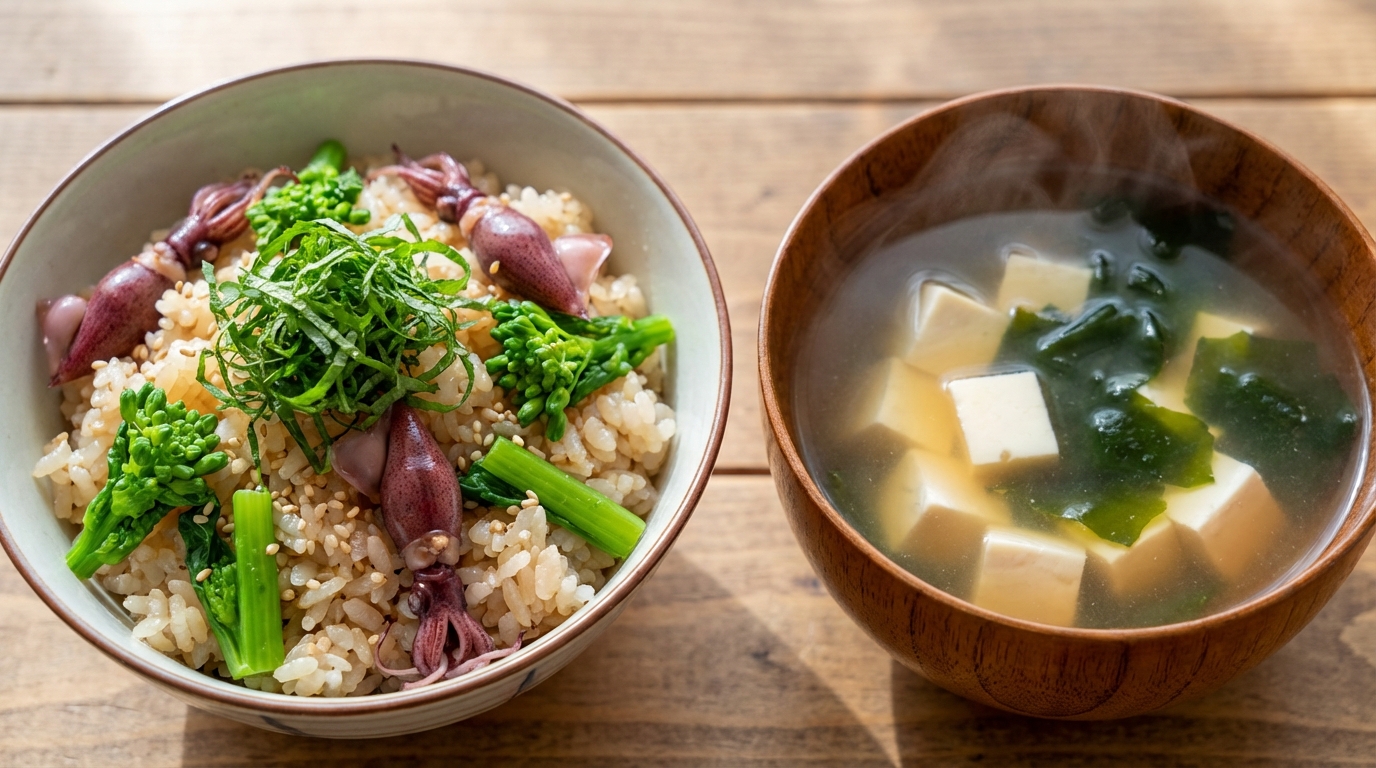 レモン香るホタルイカと菜の花のポン酢混ぜごはんと、豆腐とわかめのすまし汁