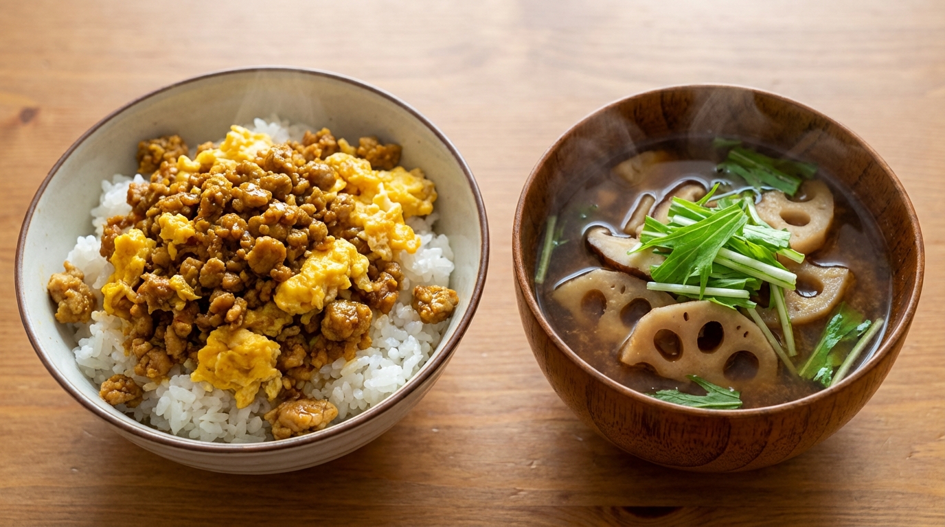 鶏ひき肉と卵のカレーそぼろごはんと、れんこんとしいたけの具だくさんみそ汁