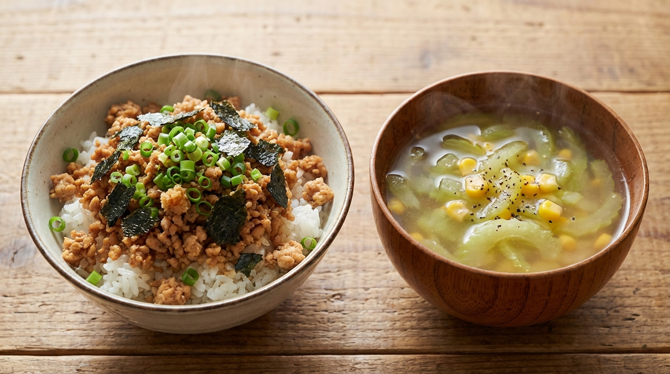 鶏ひき肉の生姜じょうゆのっけごはんと、コーンとセロリの清々しいスープ