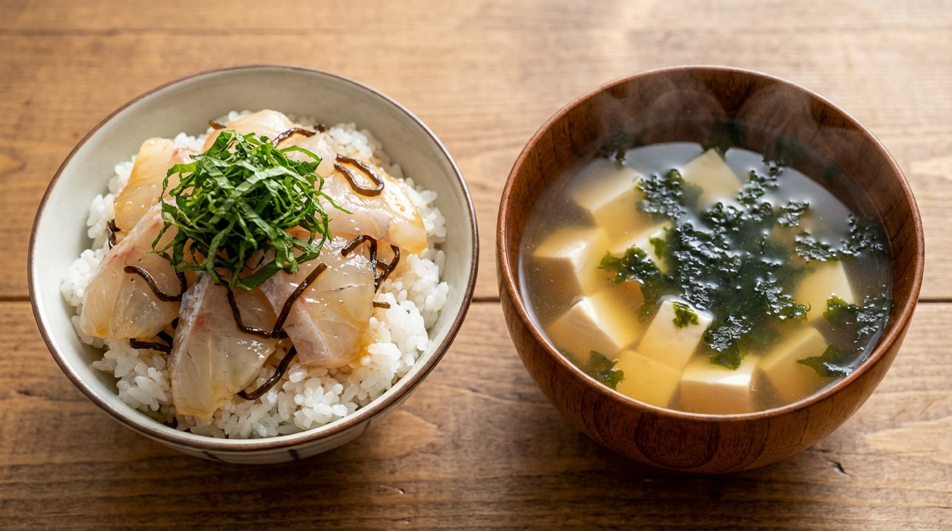 鯛の昆布締め風レモンしょうゆのっけごはんと、豆腐とあおさのすまし汁
