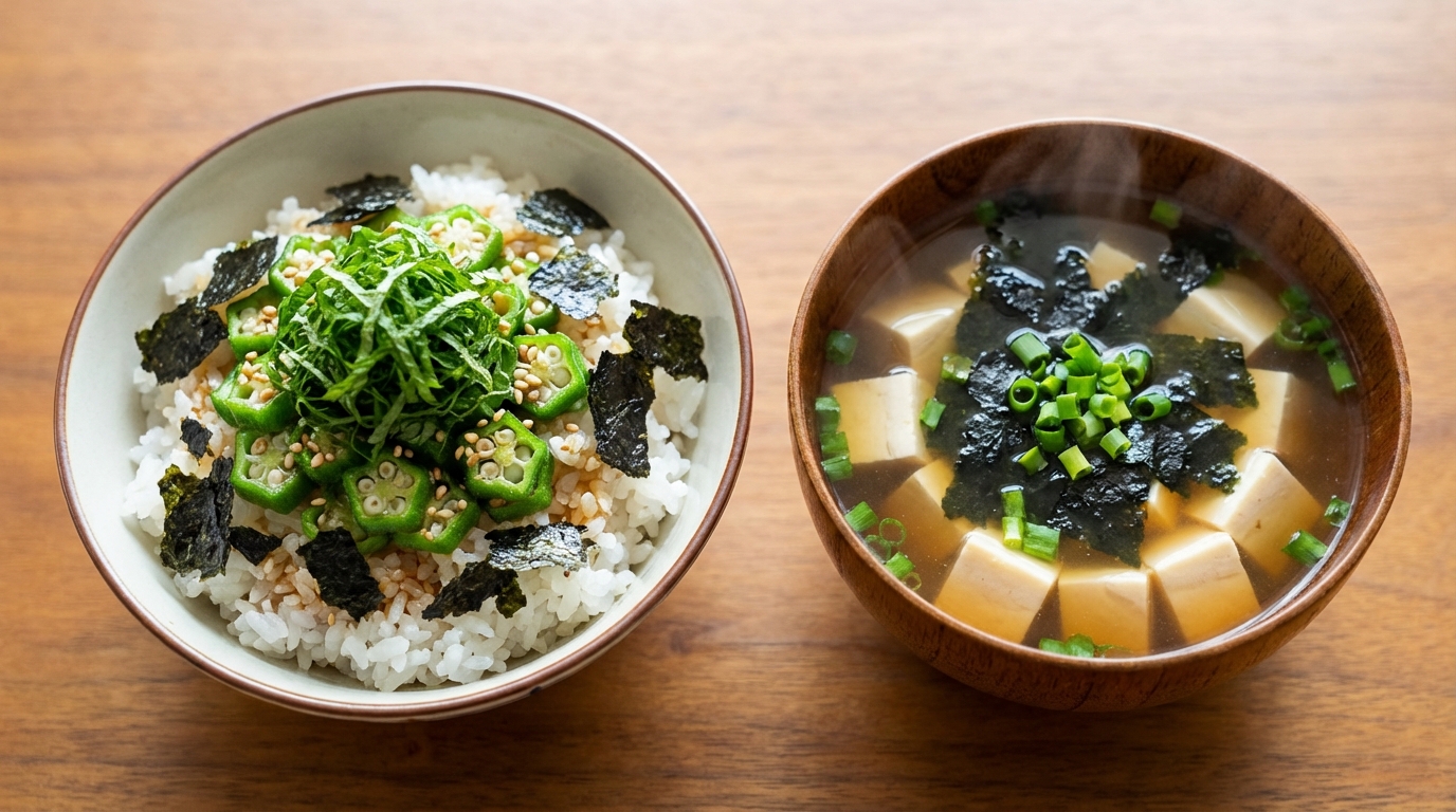 オクラと青じその磯香るのっけごはんと、海苔とねぎのシンプルすまし汁