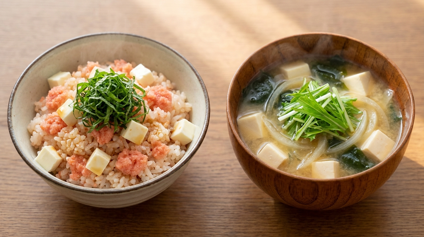 明太子とクリームチーズのコク旨混ぜごはんと、豆腐と玉ねぎの具だくさんみそ汁