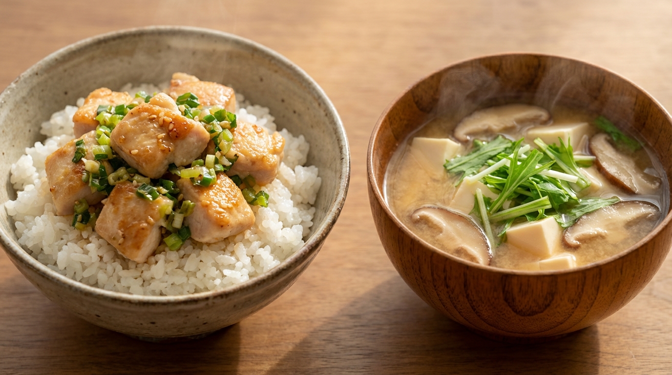 鶏むね肉のねぎ塩のっけごはんと、豆腐としいたけの具だくさんみそ汁