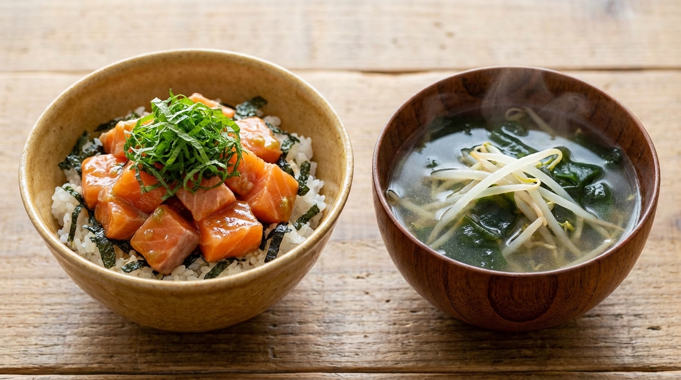 サーモン青じそわさびじょうゆのっけごはんと、豆もやしとわかめのすっきりスープ