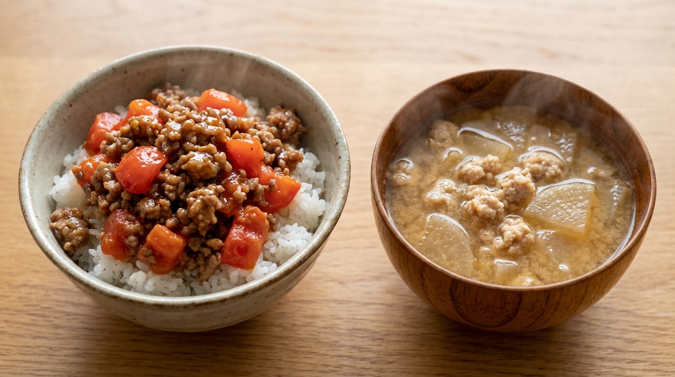合びき肉とトマトのコク旨オイスターのっけごはんと、鶏ひき肉と大根の具だくさんみそ汁