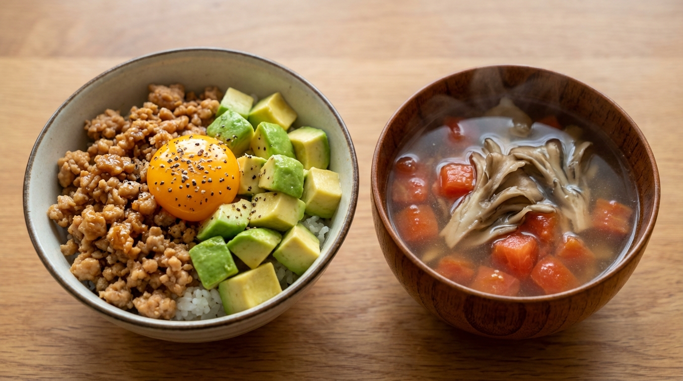 アボカドと鶏そぼろのレモン醤油のっけごはんと、まいたけとトマトの和風スープ