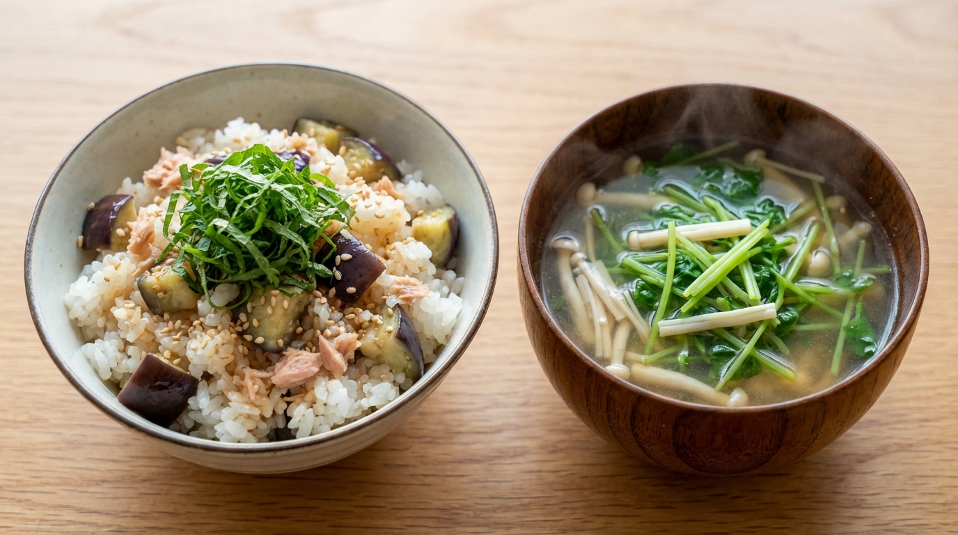 なすとツナのさっぱりポン酢混ぜごはんと、豆苗とえのきの鶏だしスープ