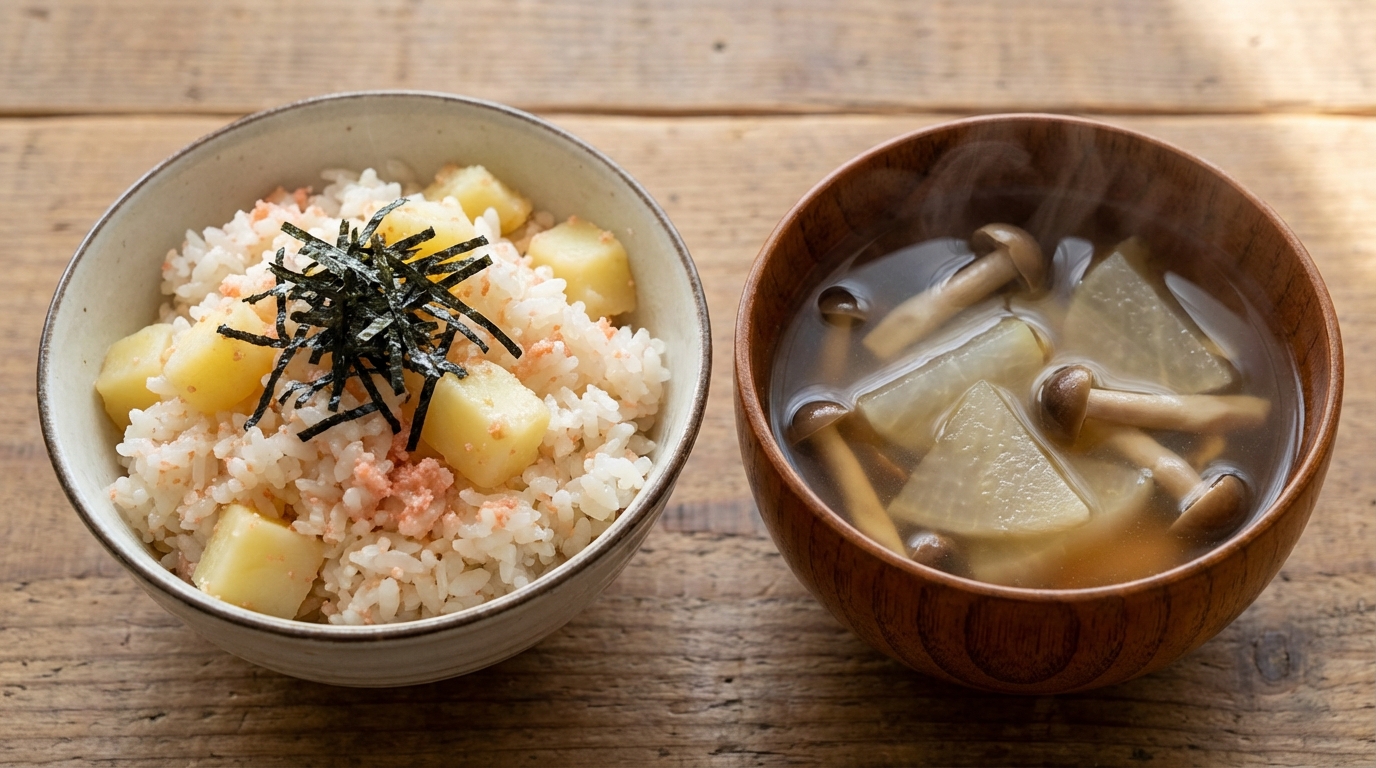 じゃがいも明太バターの混ぜごはんと、かぶとしめじの清澄なすまし汁