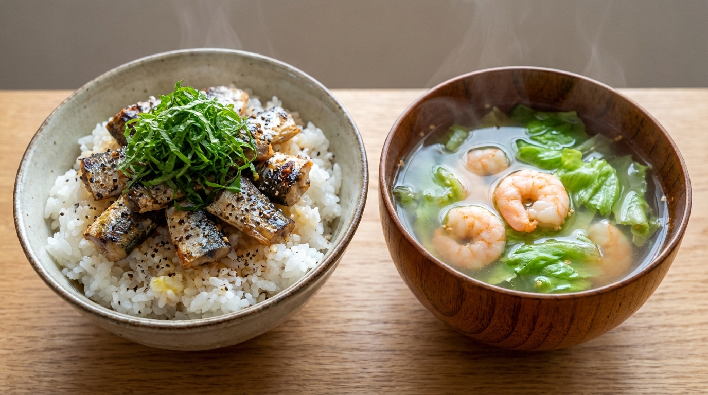 ししゃも青じそ黒こしょうレモンしょうゆのっけごはんと、えびとレタスの中華風スープ