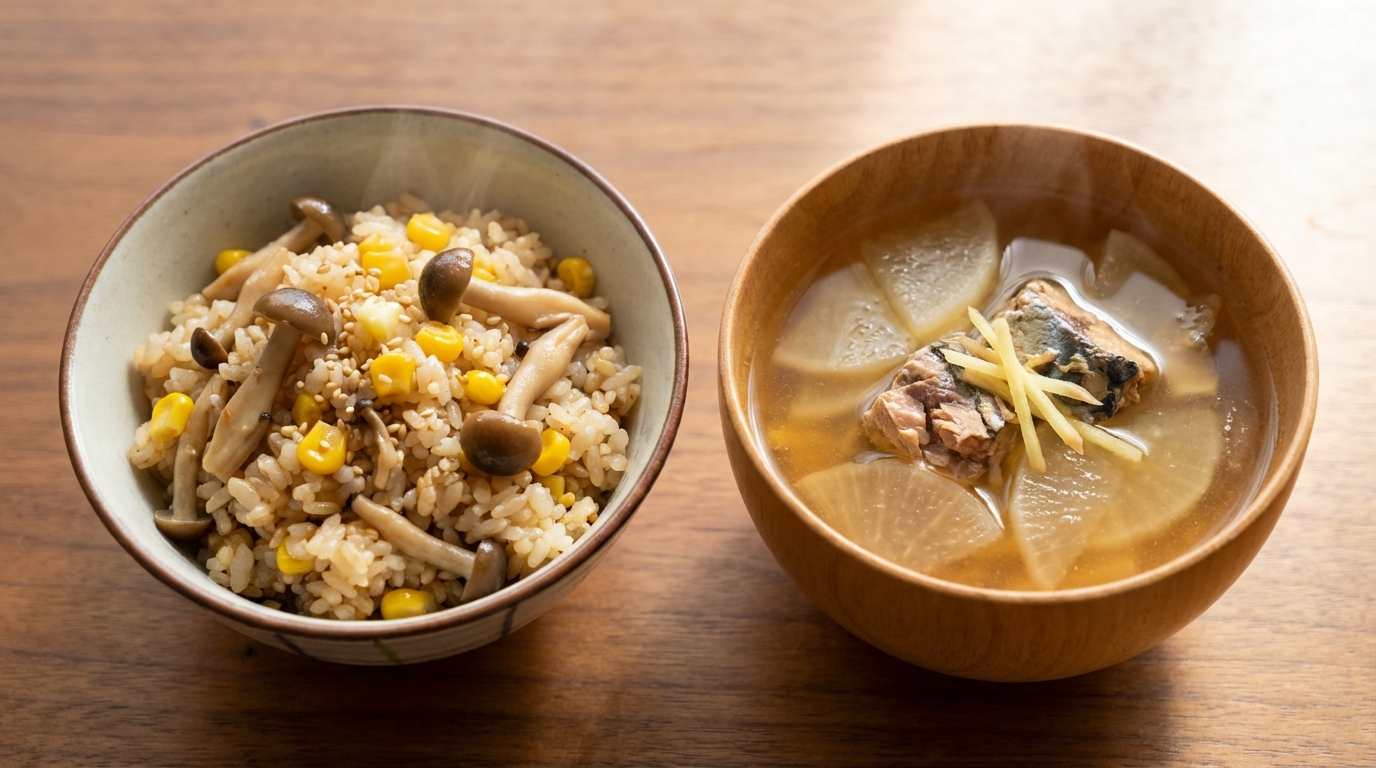 きのこコーンバターしょうゆ白ごま混ぜごはんと、さば缶と大根のしょうがスープ