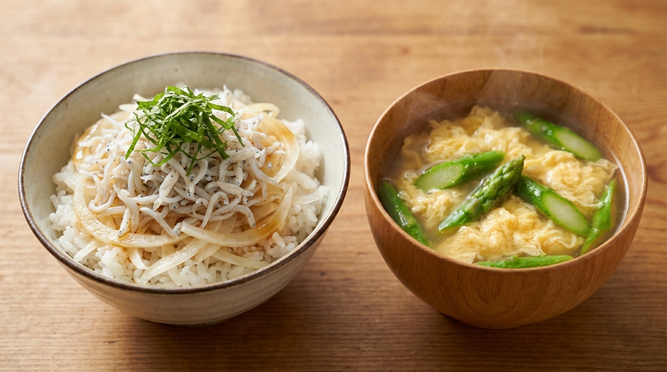 しらすと新玉ねぎの爽やかポン酢ごはんと、アスパラガスのふんわり卵スープ