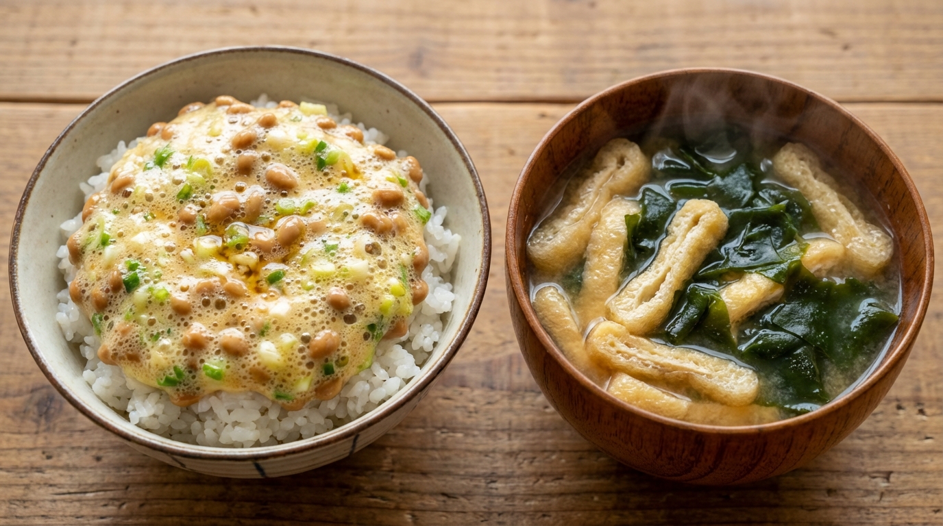 納豆ねぎごま油のふわふわ卵かけごはんと、油揚げとわかめの具だくさんみそ汁