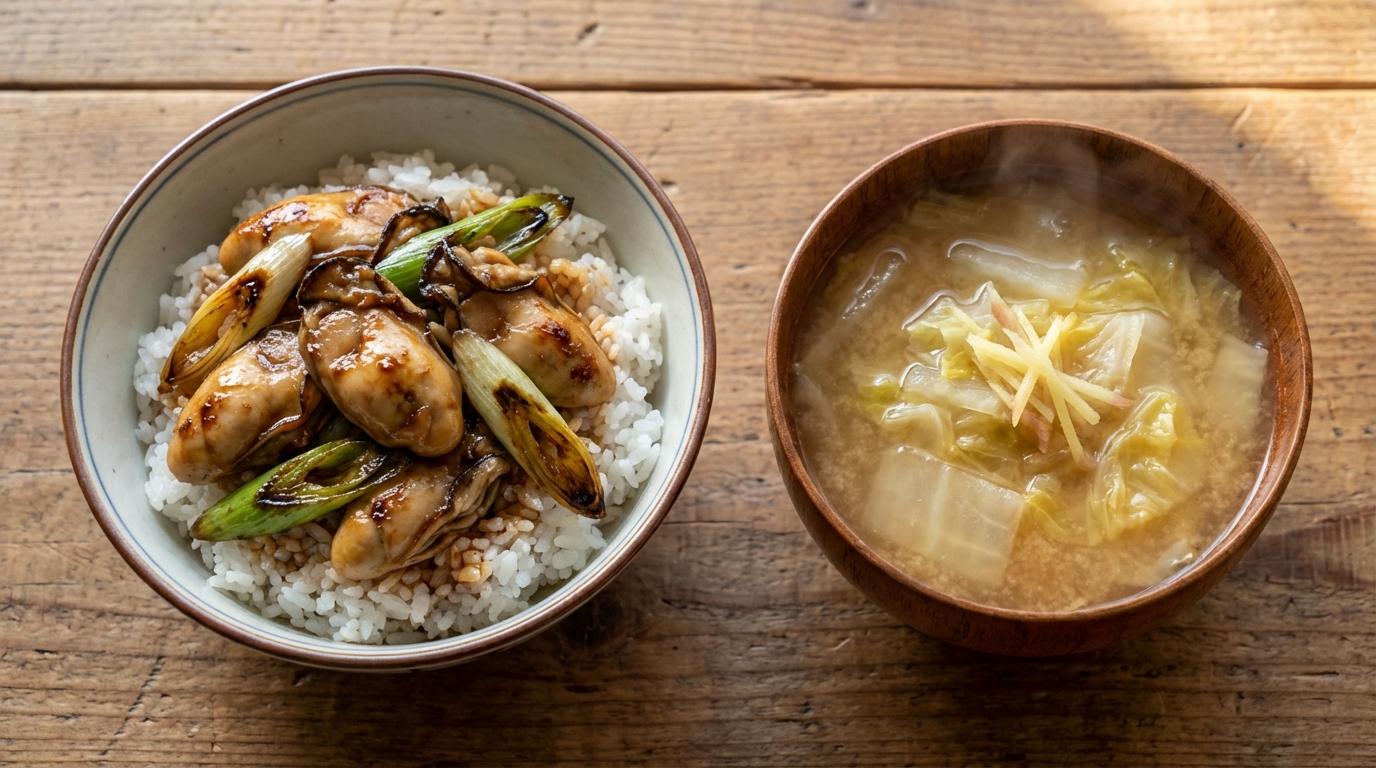 牡蠣とねぎの香ばしオイスターのっけごはんと、白菜としょうがのぽかぽかみそ汁